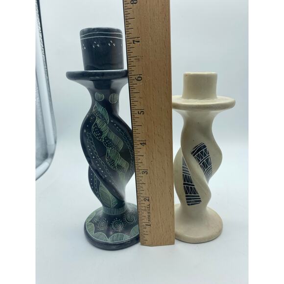 Boho Eclectic pair mismatched hand carved Soapstone candle holder Grey, white - Picture 7 of 7